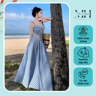 2-piece Set, 2-piece Set including 2-piece camisole with checkered skirt, party and beach dress, hot