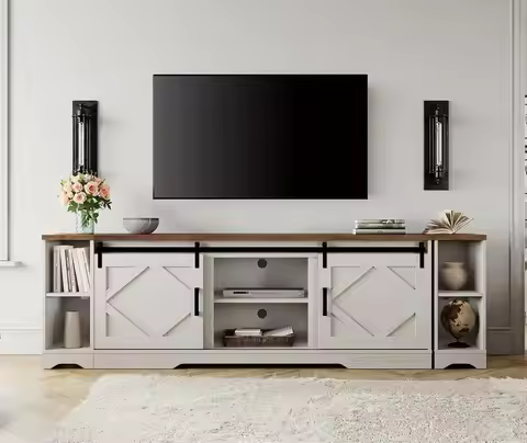 3-in-1 Modern Farmhouse TV Stand for up to 95" TV, 25.6" H Wood Entertainment Center with Sliding Ba