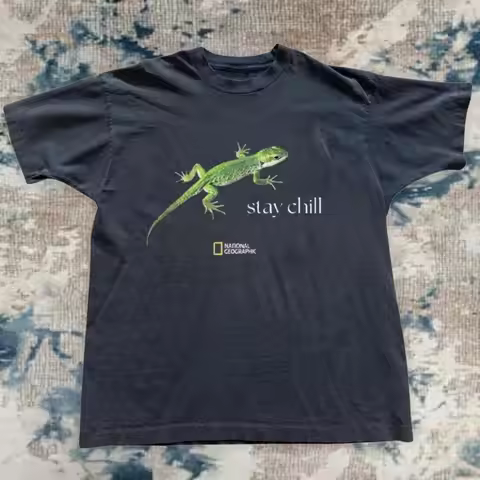 Black National Geographic Lizard Print "Keep Calm" T-shirt, Unisex Design Summer New Women's Vintage
