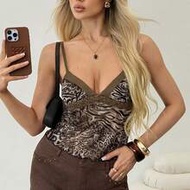 Leopard Print Contrast Lace Sheer Camisole Tank Top For Women, Summer Apparel, Sexy Fitted Sheer Top