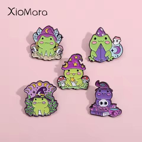 Gothic Wizard Frog Enamel Pin Potion Moon Phase Crystal Magic Wand Brooches Lapel Badges Animal Jewe