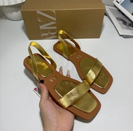 Genuine NEW ZARAˉ Metal Flat Shoes Womens Sandals 2024 Summer New Flat Slippers Square Toe With Open