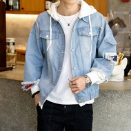 Jeans Men Coat M.usim luruh dan musim sejuk bertudung jaket denim lelaki ditambah velvet penebalan palsu dua keping versi korea trend longgar pakaian