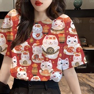 เสื้อสงกรานต์ เสื้อลายดอก เสื้อสตรีฤดูร้อน Lucky Cat พิมพ์ด้านบนคอปกสีแดงแขนสั้น Pullover เสื้อลำลองแฟชั่นสตรี