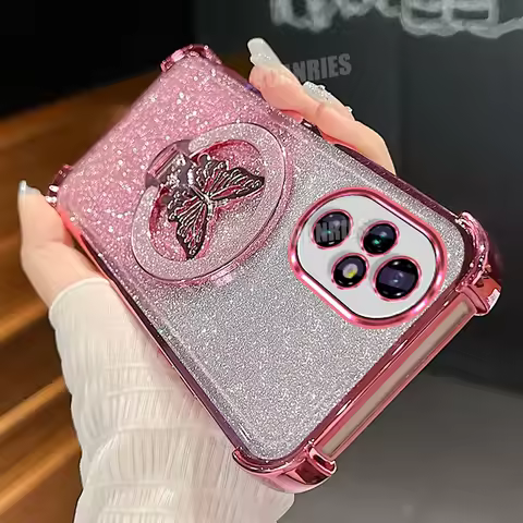 Honor200 Glitter Butterfly Holder Plating Silicone Case For Huawei Honor 200 300 100 90 70 50 Pro Sh