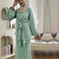Elegant 2-Piece Abaya Set Long Sleeve Open Abaya + Inner Dress Muslimah Baju Kurung Moden Casual