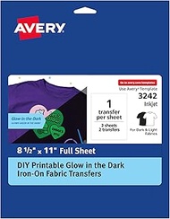 Avery Glow in the Dark Fabric Transfer Paper, 8.5" x 11", Printable Heat Transfers for Inkjet Printe