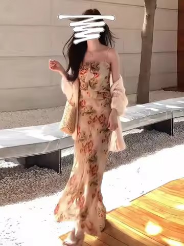 Floral Print ter Ne Dr Women's Summer New Slimming Beach Vaion Tea Break Long Skirt Sweet Sle High W