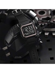 1入組男女款黑色TPU材質黑色屏幕方形運動電子手錶，備有日曆、秒表、鬧鐘、時間、夜光顯示，戶外休閒風格，適用於日常生活裝飾和佩戴