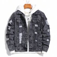 Men's Long Sleeve Ripped Denim Jacket, Black Jacket For Rapper Going Out Hang Out Commute Work Stree