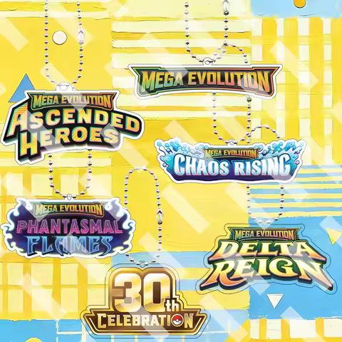 Pocket Monsters Anime DIY 6pcs Mega Evolution Series Logo Acrylic Chains Keychain 30th Anniversary C