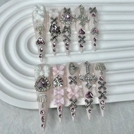 10PCS Y2K Pink Jirai Kei Cute Long Handmade Press On Nails Shibuya Gyaru Bow Heart Cross Diamond Sti