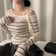 Zhu XIA Áo len nữ cổ chéo thường ngày áo len sọc màu hợp cổ chéo