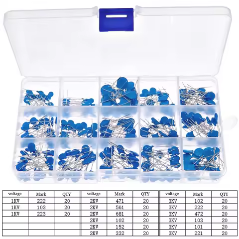 300Pcs 15Value 0.1nF- 22nF 1KV 2KV 3KV Blue High Voltage Ceramic Capacitors Assortment Assorted Mixe