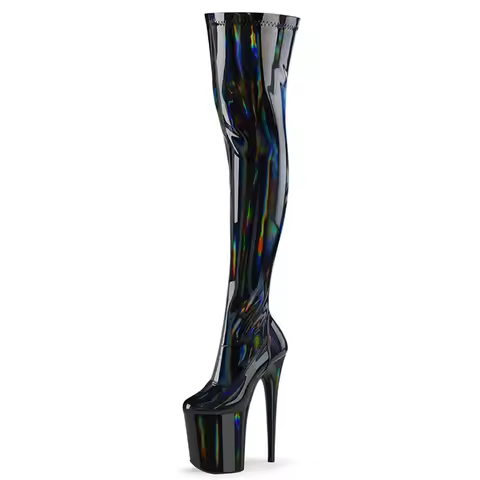 20CM RAINBOW SHINE Pole Dance Boots - Iridescent Black Patent Leather Over Knee Stiletto with Chunky