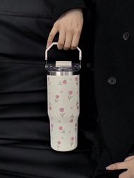 1pc 900ml/33.44oz Tulip Heart Series Vacuum Insulated Water Bottle, Thermal Mug, Large Capacity Car 