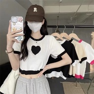 Women short Sleeve Knitted Crop Top Heart Pattern Causal Short Tee