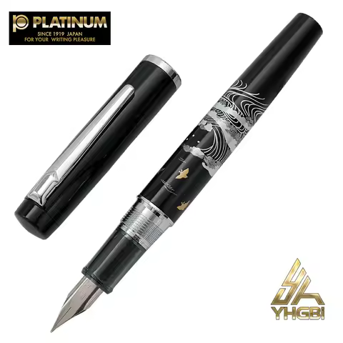 Platinum modern Japanese lacquer shis painted waves plum blossom yellow warbler Procyon metal pen gi