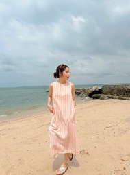 Cotton Linen Dress 👗: Minimal Style เดรสยาว ลายทาง มีซับใน