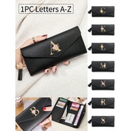 1 Piece Women's Folding Long Wallet Black Pu Leather Wallet With Floral Gold Initials A-Z, Cute Girl