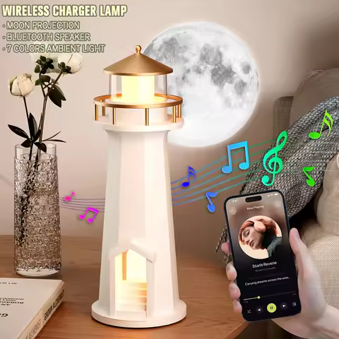 Moon Projection Lamp Wireless Charger Lighthouse Night Light Bluetooth Speaker Sound Rhythm Beacon A