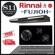 Rinnai RH-S3059-PBW Sleek &amp; Stylish  Matt Black Design LED Slimline Hood + Fujioh FH-GS5035 SVGL Black Glass Gas Hob  With 3 Different Burner Size BUNDLE DEAL - FREE DELIVERY