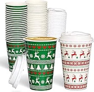 SEQUEDA 50 Pack Christmas Disposable Coffee Cups with Lids 16 Oz Thickened To Go Coffee Cups, Holida