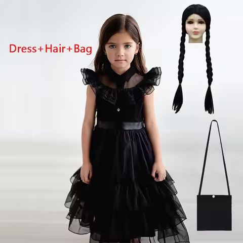 Fantasia Wandinha Wednesday Addams Family Costume Girls Halloween Cosplay Dresses Gothic Wind Vestid