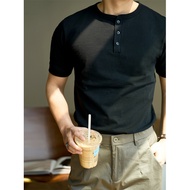American Retro Henry Shirt Men's Pure Cotton Short-Sleeved t-Shirt Men's Loose Henry Collar t-Shirt 