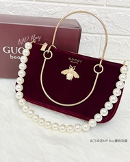 ⭐️Gucci Beauty正品改造⭐️ 復古紅色金屬蜜蜂絲絨化妝包 配手挽袋 珍珠鏈單肩袋 利是袋