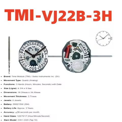 QUARTZ Japan TMI Watch Movement Overall Height 4.3mm Original for Hattori VJ22 VJ22B Watches Spare P