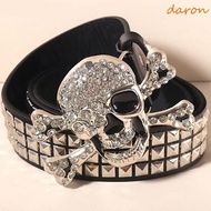DARON Black Rivet Belt, Y2K Hip-hop Skull Wide Waistband, Vintage Alloy Punk Rhinestone Skeleton Bel