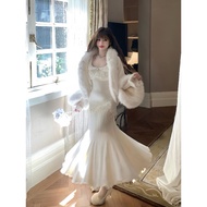 Set 2 Piece Fox fur winterJacket + Korean style beaded fishtail women's dress