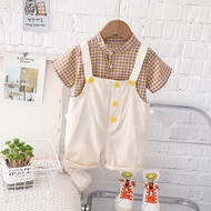 0-5 years old girl suit fashion casual plaid short-sleeved shirt + solid color suspender shorts chil