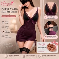 (40kg – 60kg) Vivi Sexy Lingerie Purple V Neck Slim Fit Nightwear Dress Baju Seksi Wanita 性感紫色包臀裙