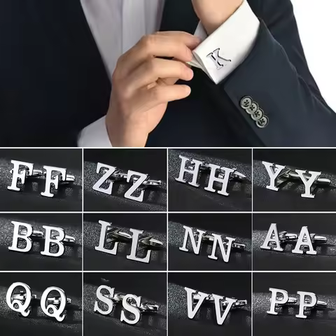1Pairs 26 Letters A-Z High Quality Men's French Shirt Cuff Brass Silver Color Cufflinks Links Male G