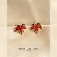 Maple Leaf Micro-Inlaid Zircon~Red Maple Leaf Earrings Female Silver Needle Plated 4K Niche Unique E