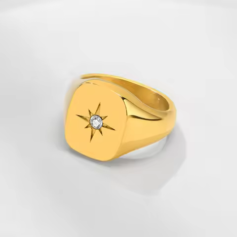 Women Fashion Star Signet Rings, Gold Color Solid Metal Square Round Top Stamp AAA CZ Stone Band, Ch