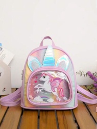 1 pieza Linda mochila de PU para niños pequeños con diseño de dibujos animados, tamaño pequeño para los jóvenes escolares, mochila para juguetes, almacenamiento, ligera, portátil, con cremallera, ajustable para su uso diario, para viajes, vacaciones, compras al aire libre, escuelas, supermercados, festivales, unicolor, diseño de bolsillo transparente, patrón dulce y arcoirirs de unicornio, accesorio de viaje de moda para niñas estudiantes y amigos, morado