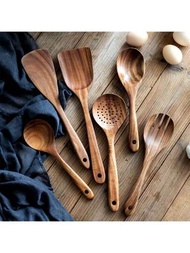 6入組烹飪用木匙，木製廚房用具，天然木質防黏烹飪匙，木製廚具套裝