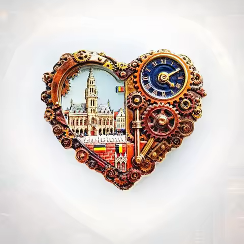 Brussels Town Hall Fridge Magnet - Unique Mechanical Heart Gear in 3D Symbolic Belgian Souvenir & Cr