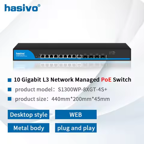 Hasivo All 12 Gigabit PoE or Without PoE Ethernet Switch 8*10gbps RJ45 Port Network Plug and Play 4*