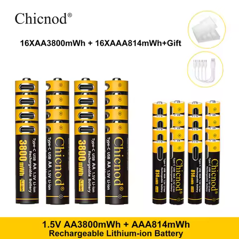 Chicnod AA AAA Rechargeable Lithium Battery Set 1.5V USB Type-C Li-ion Battery 3800mWh 814mWh Fast C