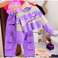 Setelan baju anak perempuan motif cargo berbie strip Baju cewek anak lengan panjang baju kaos anak p