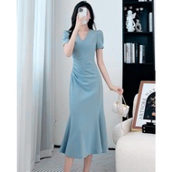 blue long dress for woman Casual dress plus size dress puff sleeve dress civil wedding jumper dress