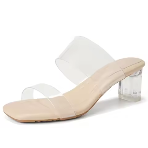 Summer 5CM 7CM 9CM Heel Height Sandals Square Toe Hgih Heels Slip-on Female Pumps Transparent Shoe U