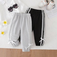 2pcs/Set Baby Girls' Solid Color 3D Bow Ruffle Hem Pants. The 3D Bow And Delicate Ruffle Design Add 