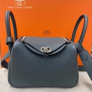 🌈Hermes💙Mini Lindy一代💙Y7風暴藍色銀扣💙99新 🌈TC皮🌟Stamp U🌟