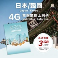 Cool Data Sim - 日本 韓國 4G Sim card 上網卡 - 每日高速數據 【3GB】 後降速至 128kbps【1天】