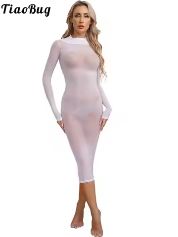 Womens See Though Skinny Dress Lingerie High Stretchy Glossy Bodycon Dress Long Sleeve Sleeveless Da